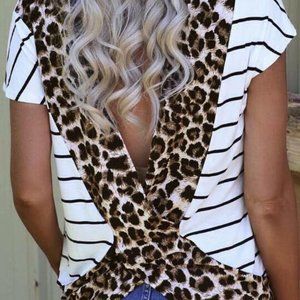Sexy Leopard Printed Open Back Blouse Stripe Top